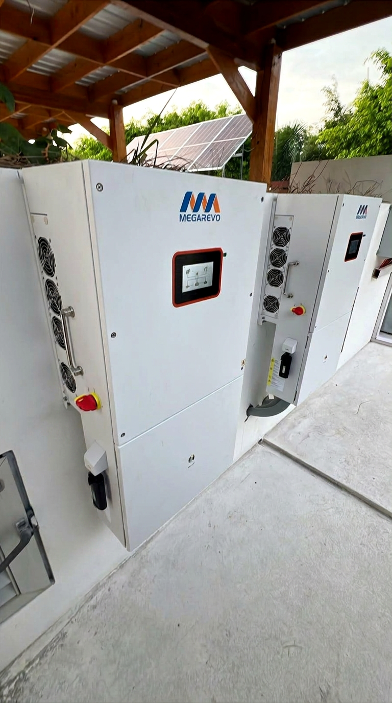 Hybrid inverters installed under a shaded rooftop canopy in Belize